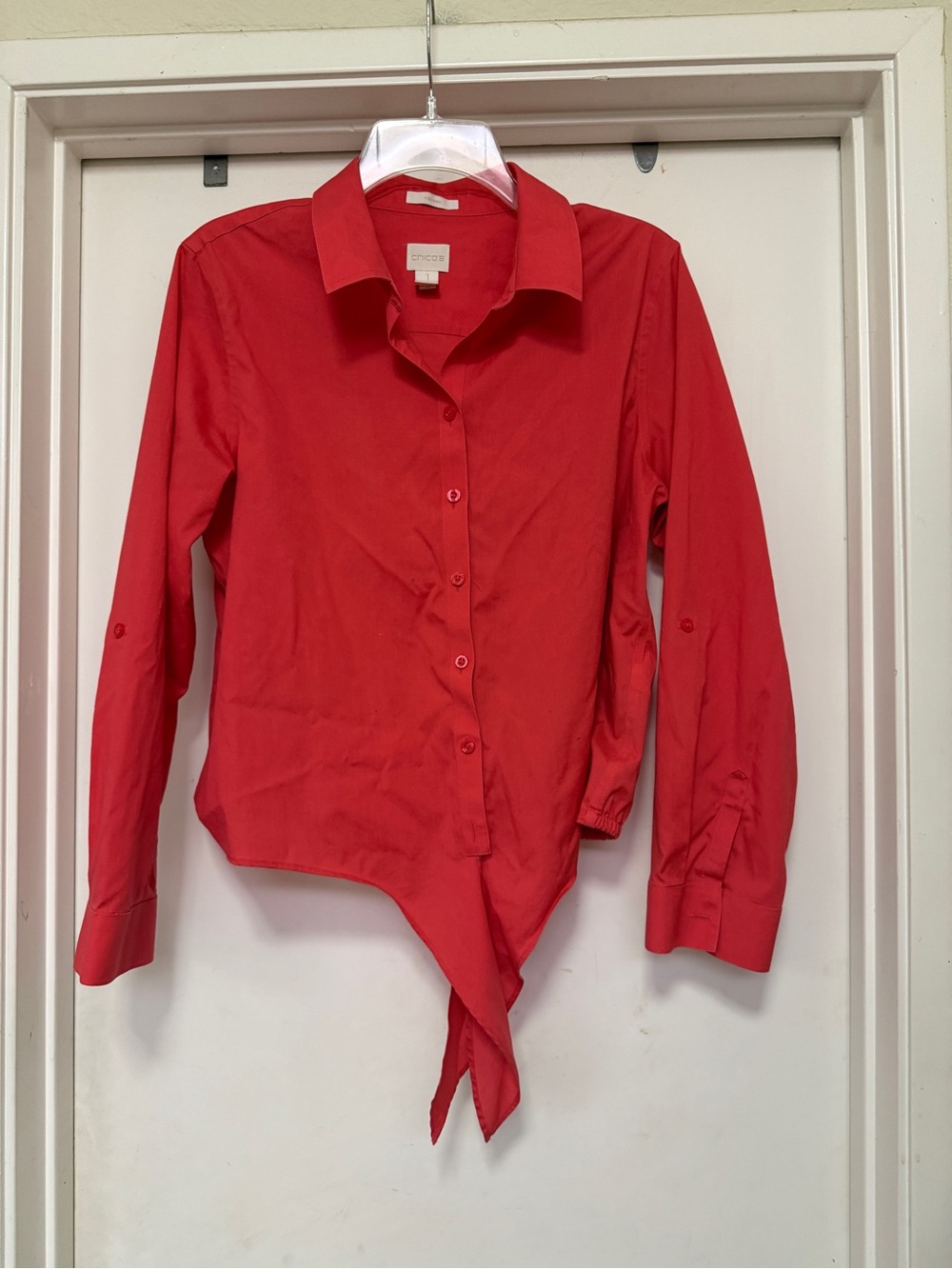 Chico’s Red Button Front Tie-Front Shirt Blouse – Long Sleeve – Size 1 (US 8/10)